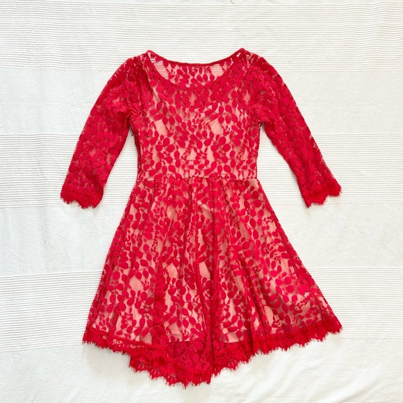 Free People Red Floral Lace Mesh Dress - Picture 9 of 14